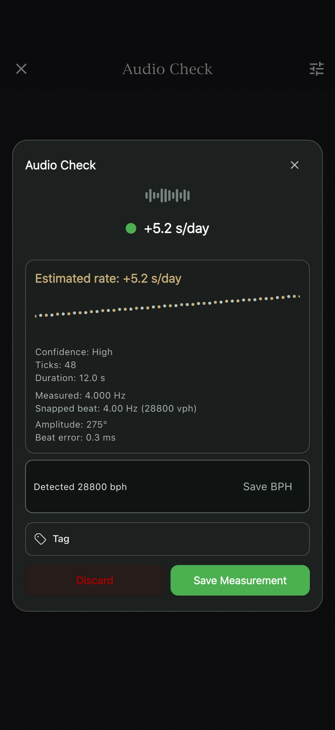 ChronoLog audio check measuring a mechanical watch's rate, amplitude, and beat error.