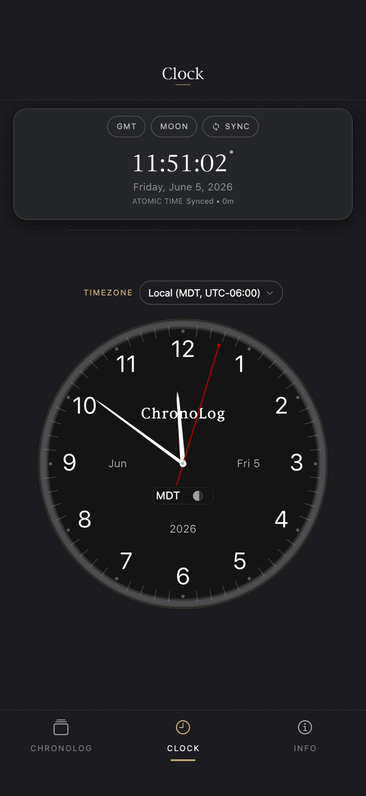 ChronoLog atomic time clock with timezone and sync status.
